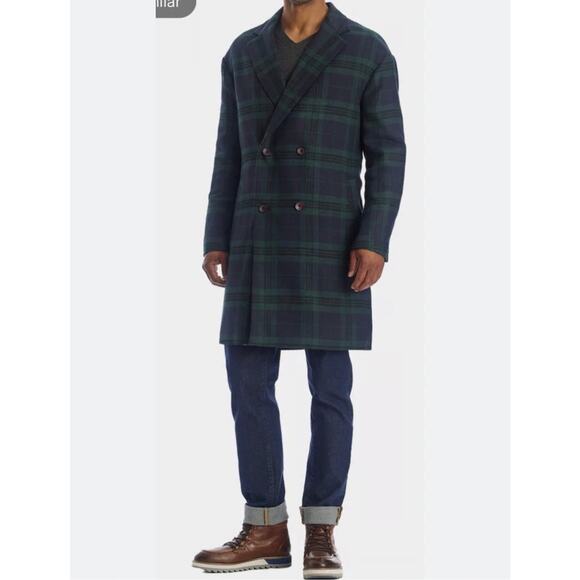 PAISLEY & GRAY XL WOOL TARTAN PLAID NAVY GREEN DOUBLE BREASTED LONG Men OVERCOAT - Picture 2 of 14